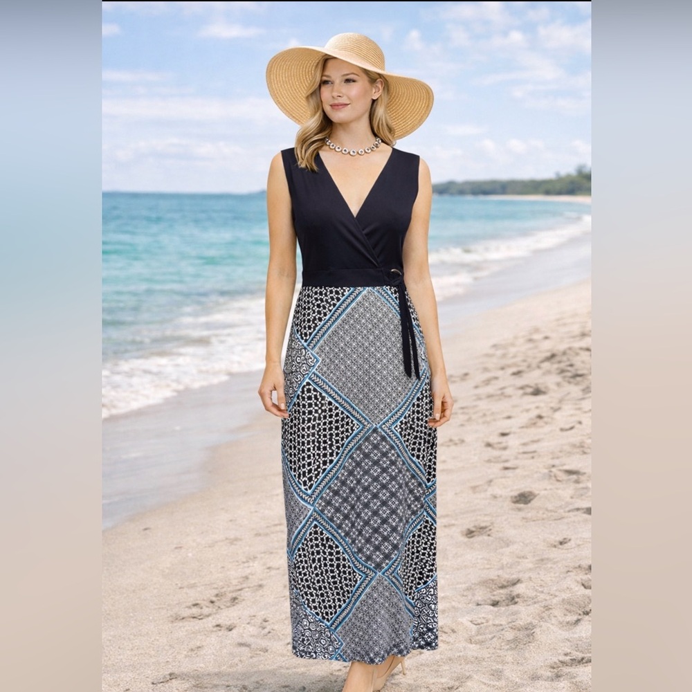ENFOCUS STUDIO Maxi Dress Size 8 Deep V Plunge Crossover Neckline Sleeveless